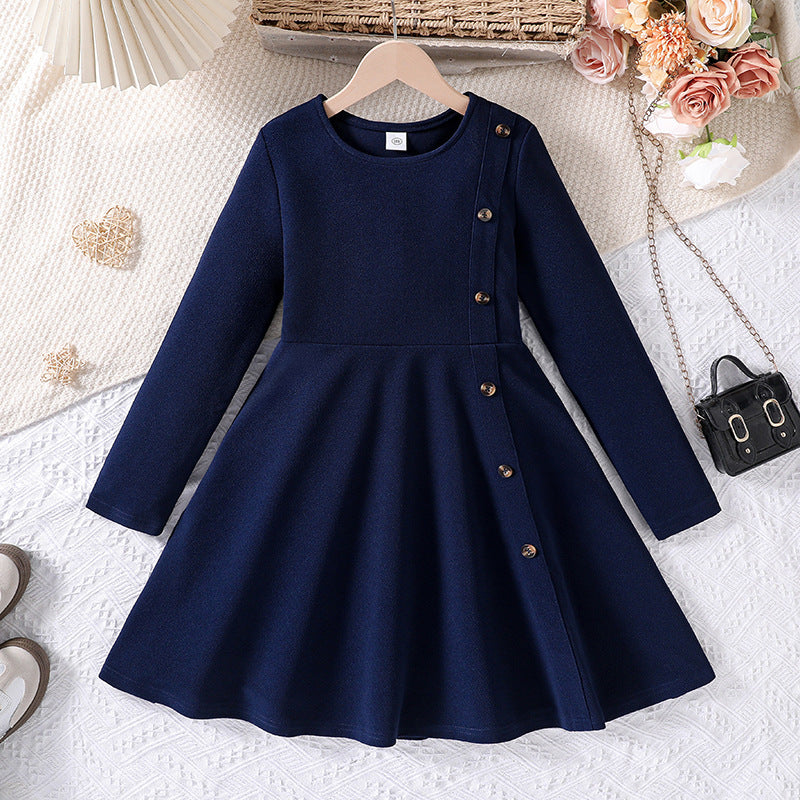 girls' clothing,  autumn/winter new arrivals, european and american style, export-quality, big kids' long-sleeved, side-button, casual and elegant dress