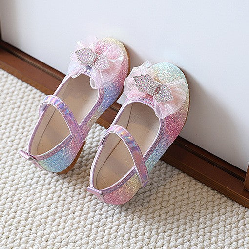 new gradient rainbow girls' princess shoes - rhinestone mesh bow soft sole flats with velcro closure
