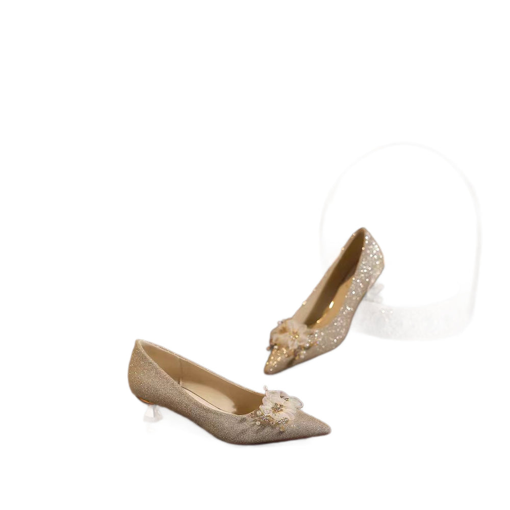2025 new floral wedding shoes for women, pointed-toe stiletto heel, low-cut bridal shoes
