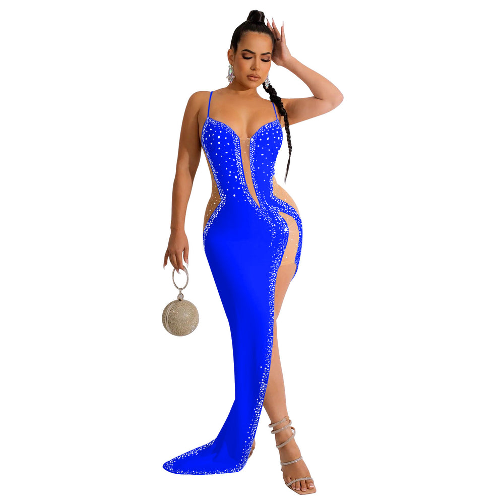 C6039   fashion women's solid color rhinestone hotfix long dress v-neck sleeveless spaghetti strap dress