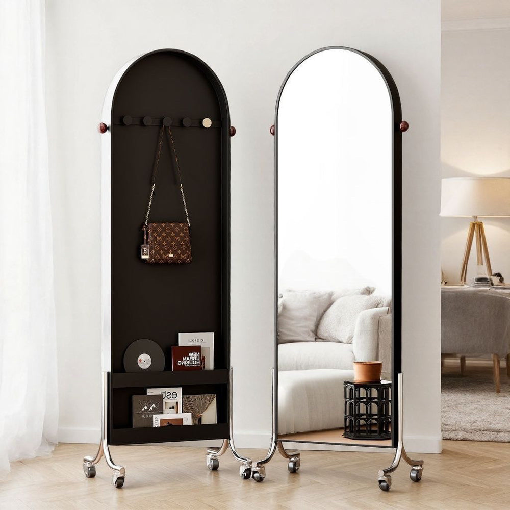 Full-length mirror, movable mirror, medieval style storage magazine rack, floor mirror, home storage bookshelf, rotating full-length mirror