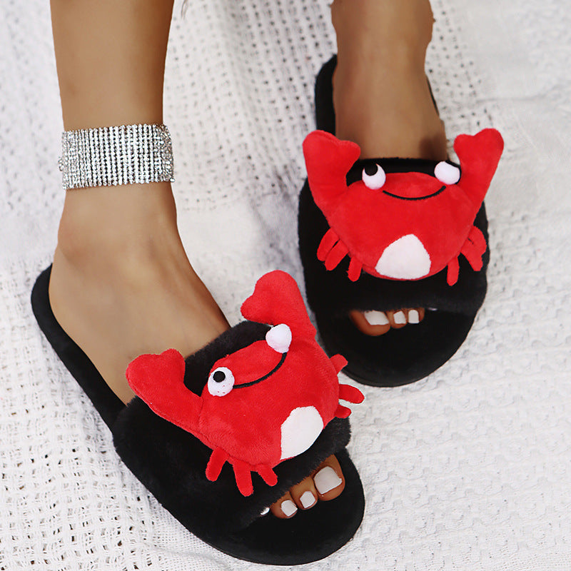 Autumn/winter open-toe cotton slippers for women - available in cute lobster/crab designs - plush, korean-style, wearable at home or out