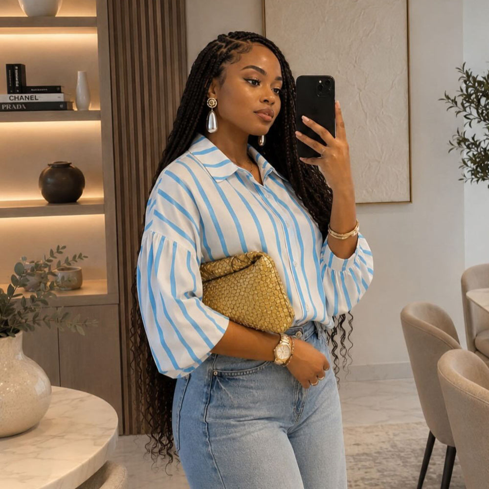 European and american cross-border women's fashion:  summer new arrival - casual chic striped cropped blouse with turn-down collar and unique design