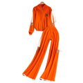 Fashionable activewear set: casual zip-up stand collar long sleeve knit jacket + high-waisted slimming wide-leg pants with double stripes