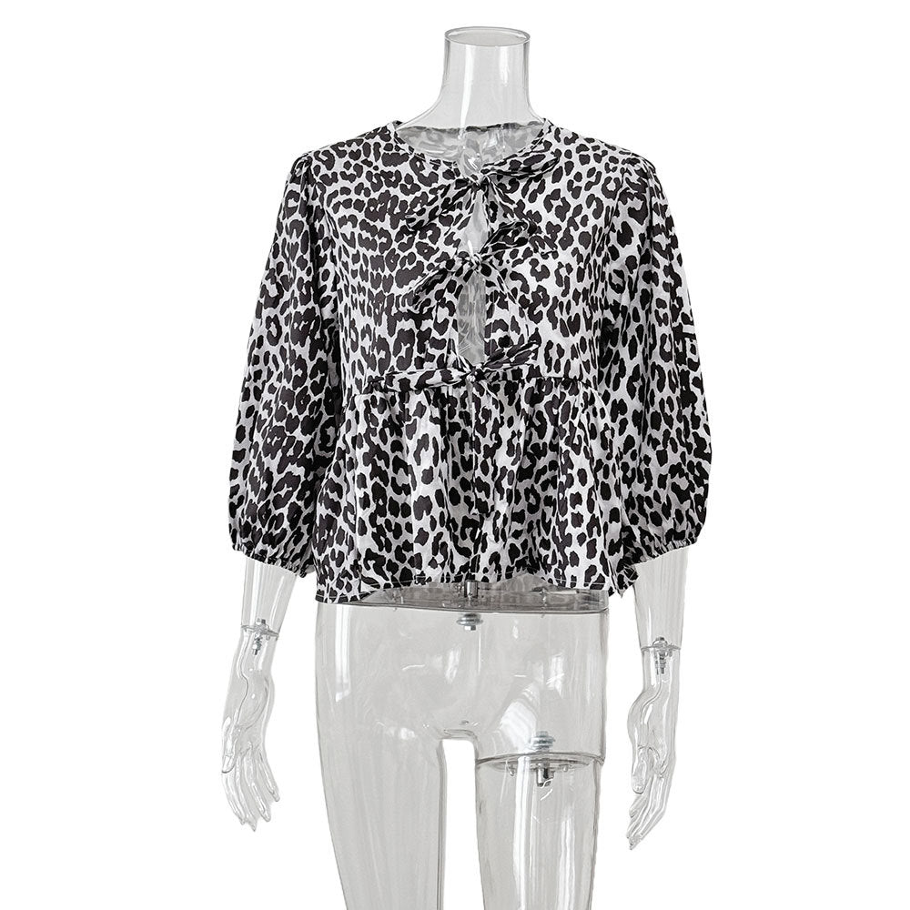 European and American  popular butterfly cardigan top early autumn lace-up crew neck bubble sleeve fashionable sexy loose T-shirt