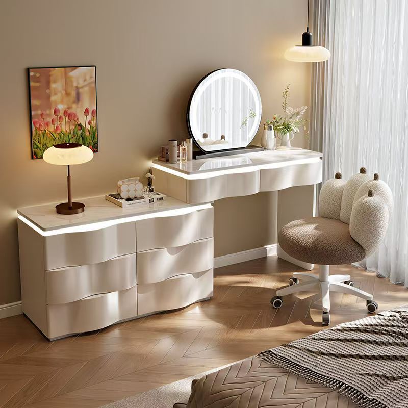 2025 new luxury solid wood vanity table - minimalist bedroom makeup desk with integrated chest of drawers, small storage cabinet, and makeup mirror