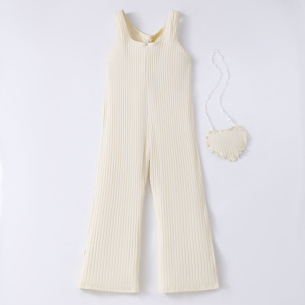 Big kids' (girls') romper, ribbed sleeveless jumpsuit + heart-shaped crossbody bag