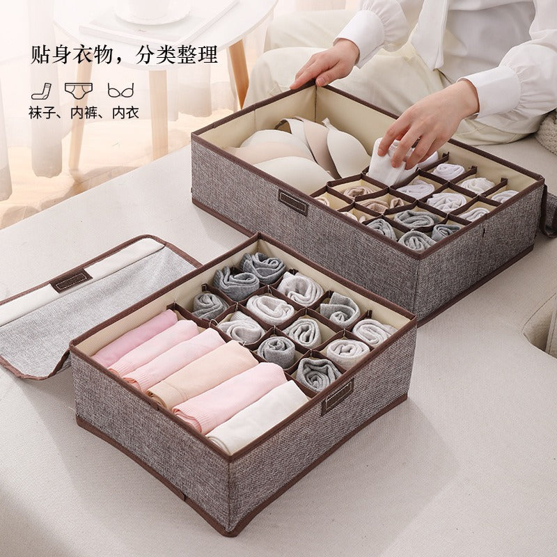 Home cotton and linen underwear storage box sub-format underwear finishing box desktop cosmetics sub-grid covered storage box