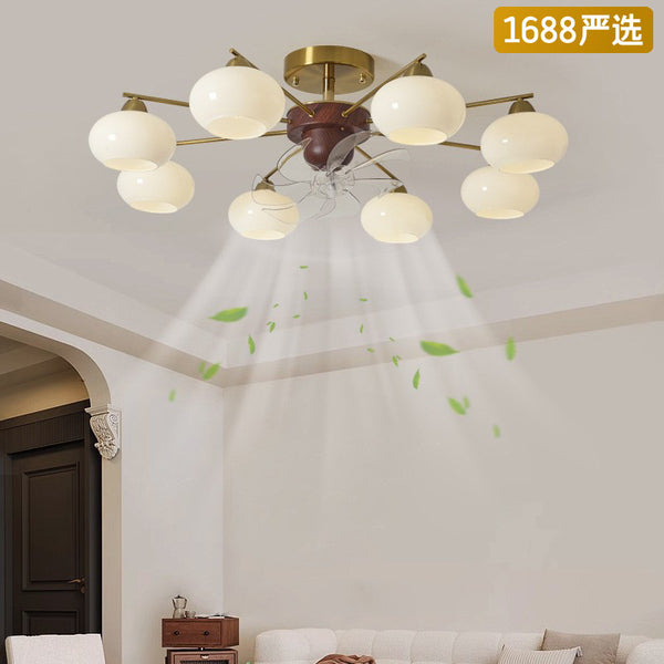 [Strict selection] Medieval persimmon ceiling shaking fan light New retro French cream wind bedroom glass light