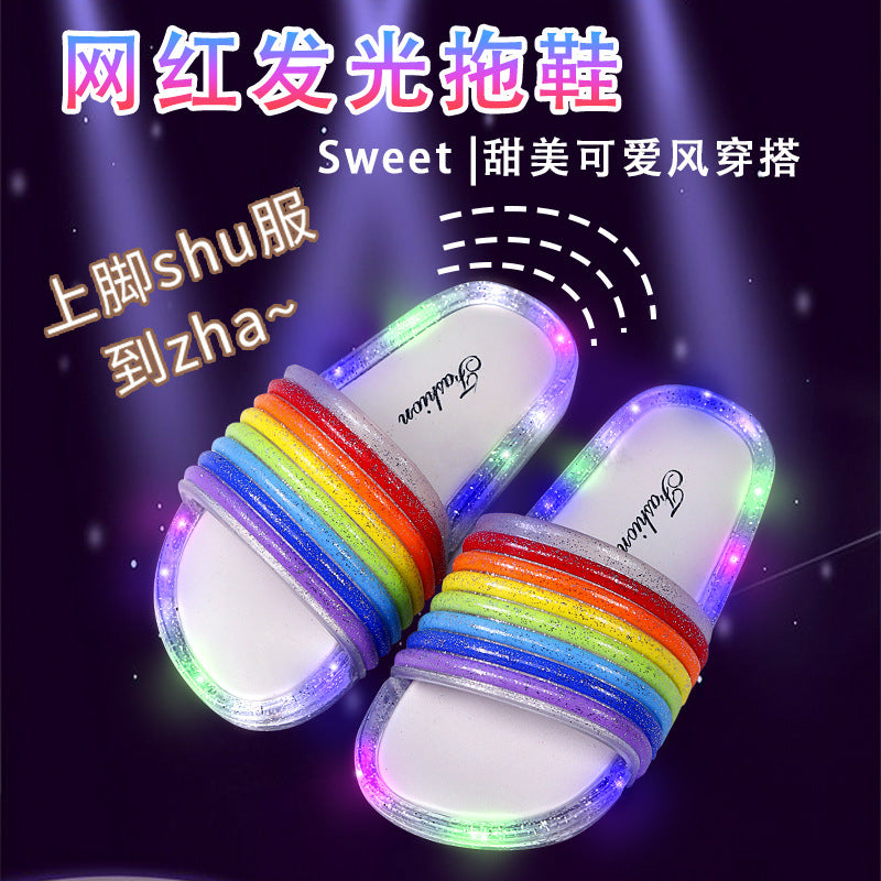2024 children's slippers - summer new arrival: trendy, high-value rainbow light-up indoor/outdoor one-strap slides for girls