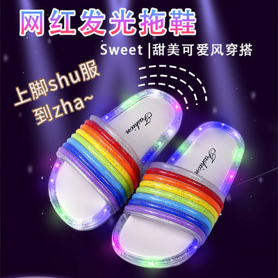 2024 children's slippers - summer new arrival: trendy, high-value rainbow light-up indoor/outdoor one-strap slides for girls