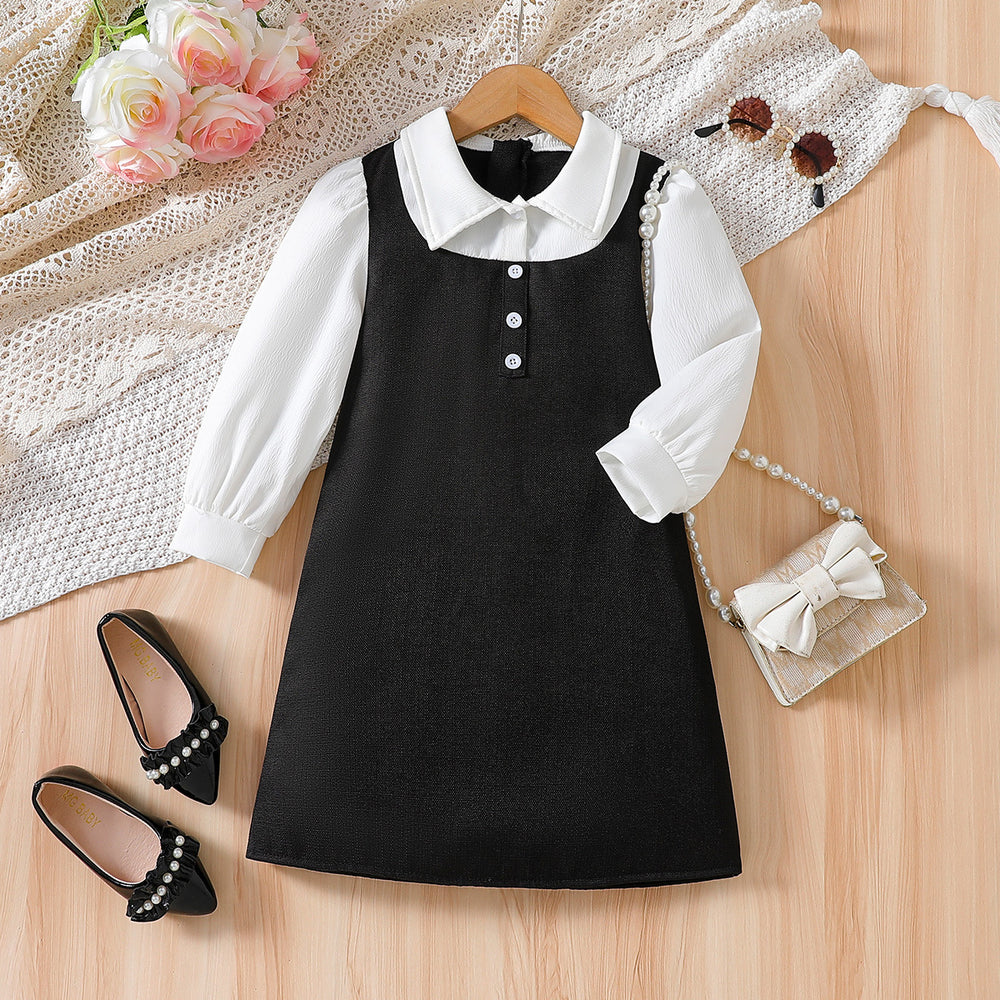 Girl fake two-piece vest dress small fragrant style cutelong sleevesshirtkids black and white patchworkvest long skirt