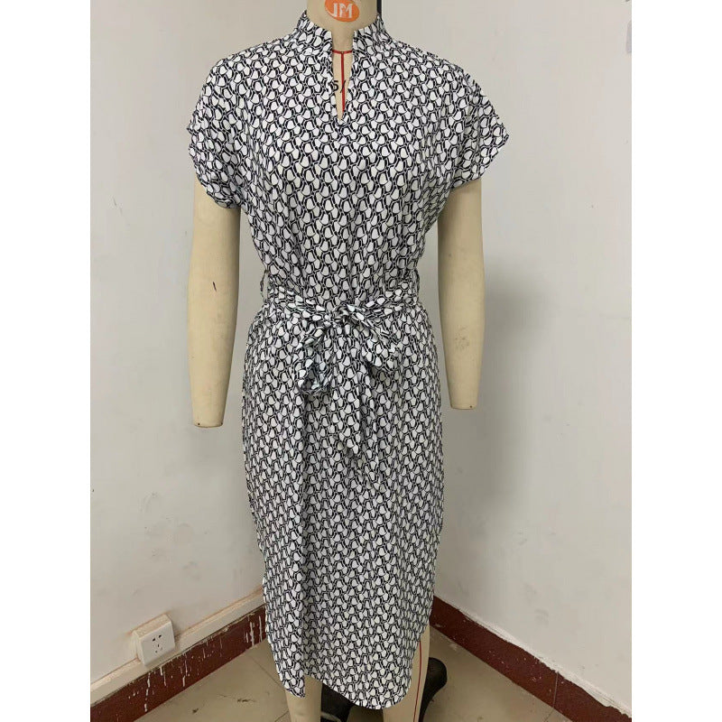cross-border all-over print batwing sleeve drawstring dress