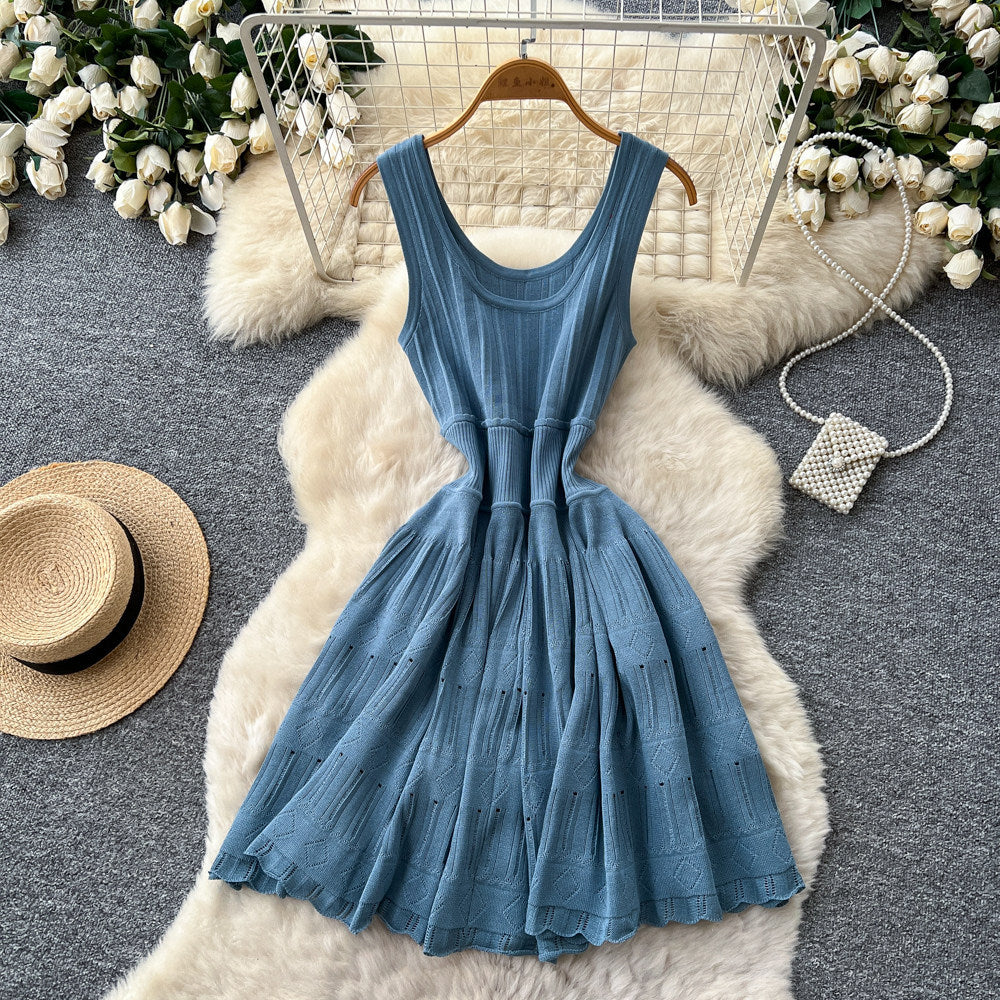 Pure desire style u neck sleeveless knittingcut outdress women's summer k-style purple waist slimming look a-line skirt petites