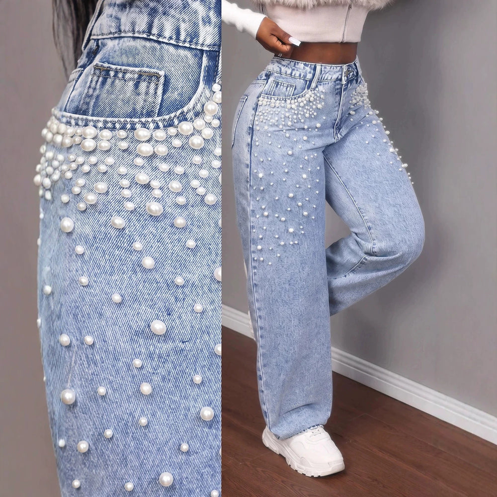 European and american style women's heavy-duty beaded and pearl embellished washed and distressed high-waisted wide-leg straight-leg floor-length jeans