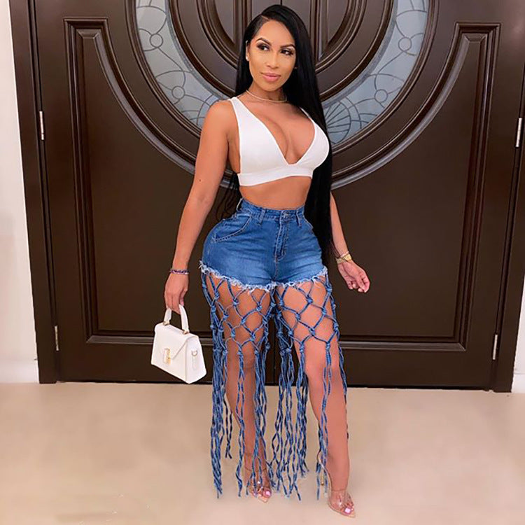 Bestselling women's jeans: new high-waisted, hollow-out, knotted wide-leg denim pants for  cross-border e-commerce