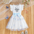 girls' summer dress with flutter sleeves, butterfly print, white and blue color block, and a flowy tulle skirt - princess style for kids