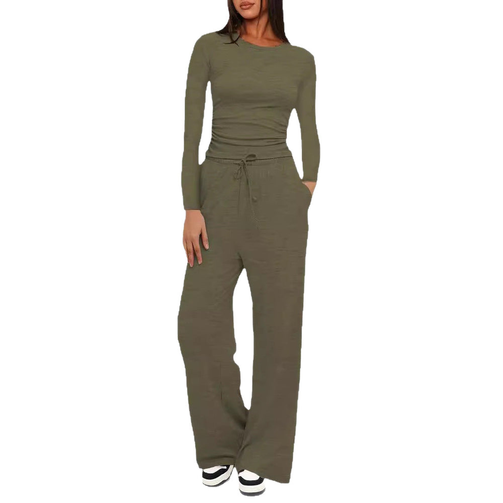 cross-border fashion  new product pure color casuallong sleevessuittopshigh waistloose pants sportswear