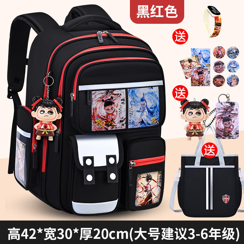 New nezha backpack for boys and girls, grades 1-6: spine protection, lightweight design, and extra-large capacity