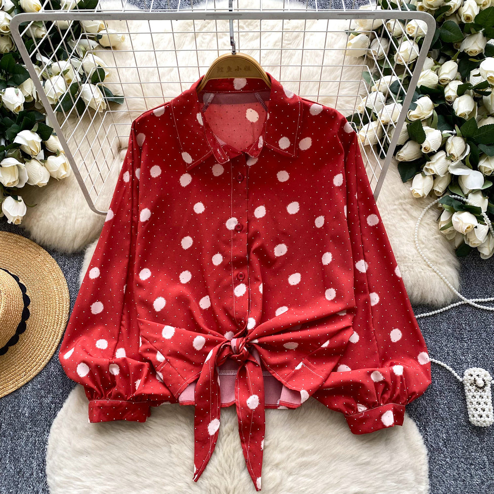 Light mature style strappy waist lantern sleeves polka dot hot diamond shirt women's autumlooseslimming lookcasual women's tops