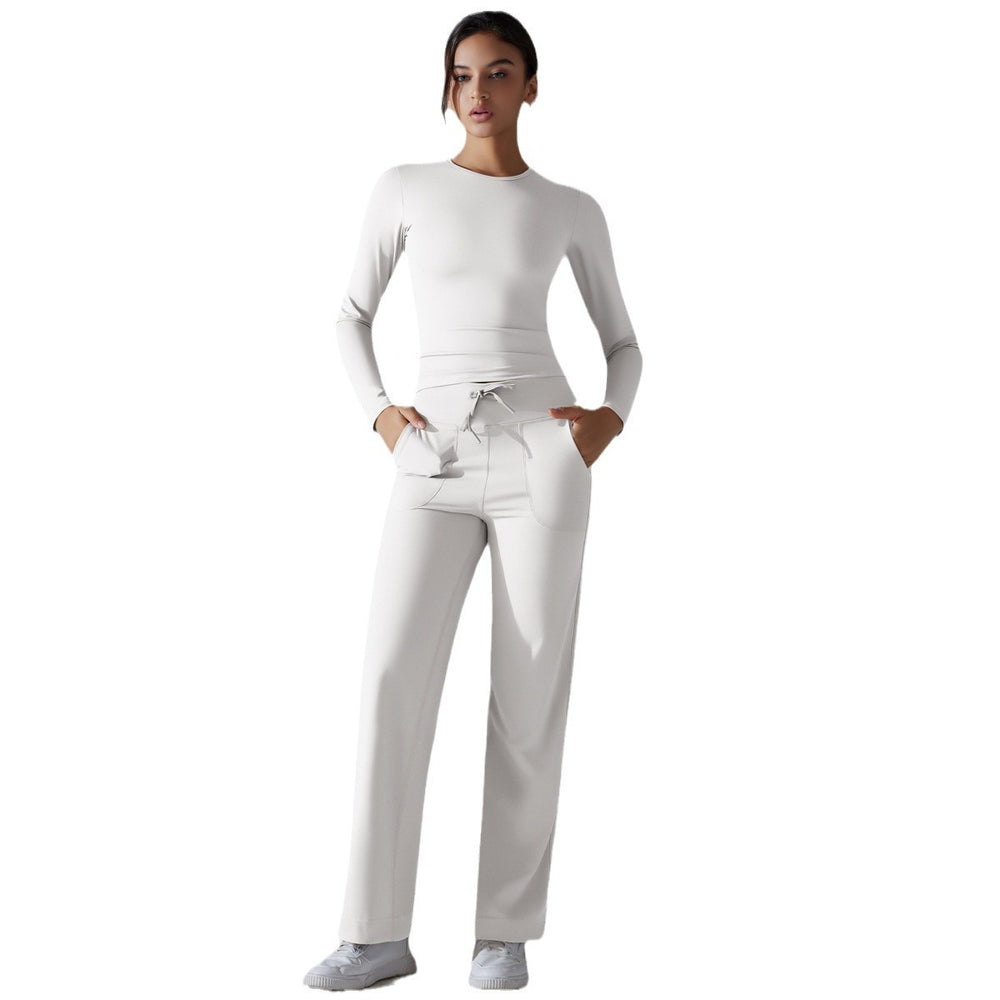 double-sided nylon pure colorlonglong sleeves yoga suit suithigh waist wide leg sports running fitness two-piece set
