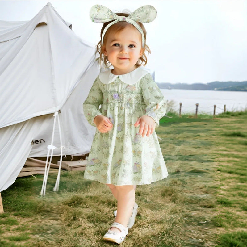 Girls' dress  spring/autumn new princess dress butterfly garden style girls' dress turn-down collar long sleeve ruched girls' dress