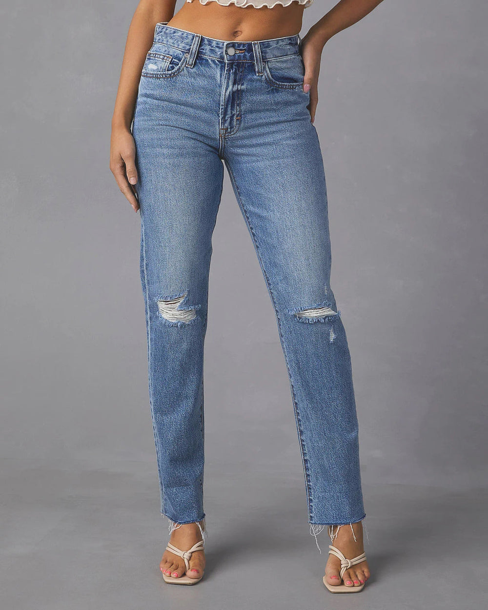 Independent station raw edge jeans for women new arrivalfashion ripped raw edge straight-leg pants stretch washed jeans