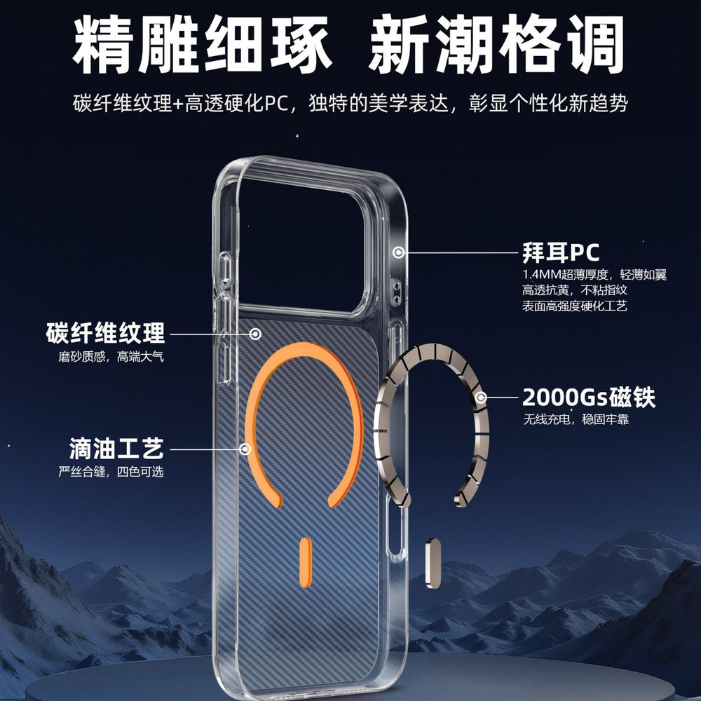 Suitable for iphone17pm magnetic transparent mobile phone case apple 17 all-inclusive pc carbon fiber texture magnetic mobile phone case
