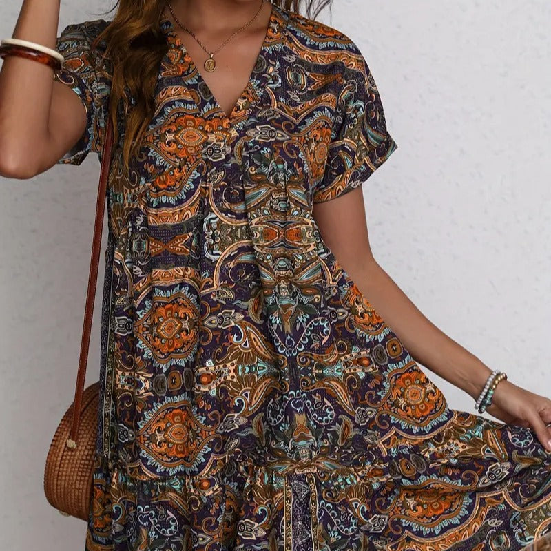 Shipped: new european and american cross-border women's printed casual v-neck dress - floral print, perfect for vacation, ideal for independent e-commerce stores