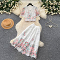High-end, chic, and luxurious two-piece set:  summer new arrival - embroidered water-soluble lace top and high-waisted midi skirt for women
