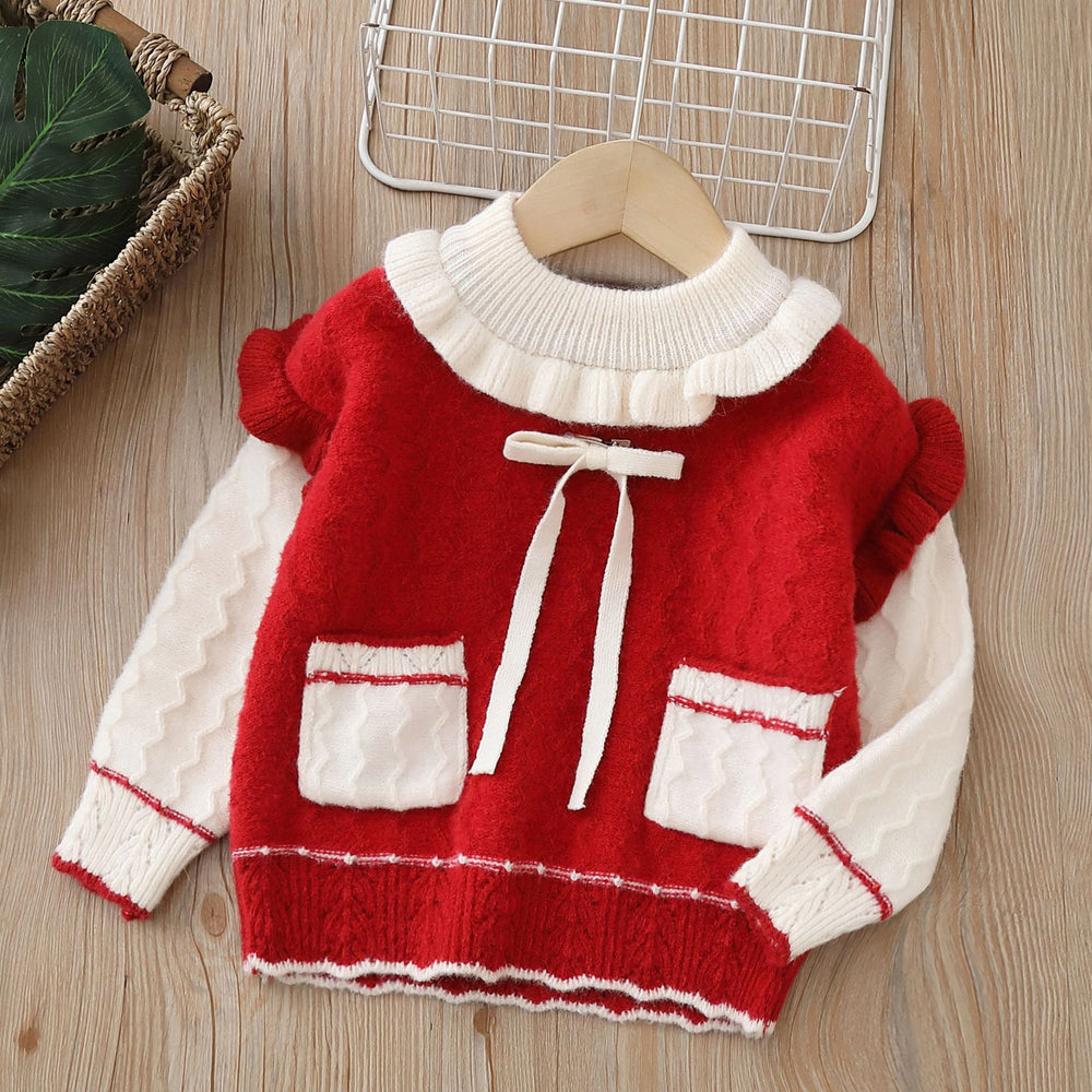 Girls' knitted sweater two-piece set: round neck, new autumn/winter  style with pockets and flutter sleeves
