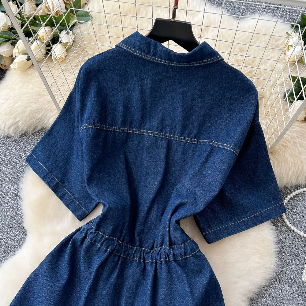 Retro hot girl style denim suit women's summer drawstring polo collar shirt tops elastic waist wide leg silm pants