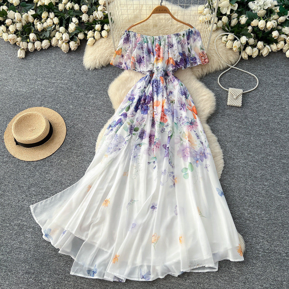 Vacation-style off-the-shoulder ruffle print dress - women's spring/summer korean high-waisted slimming elegant maxi dress
