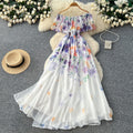 Vacation-style off-the-shoulder ruffle print dress - women's spring/summer korean high-waisted slimming elegant maxi dress