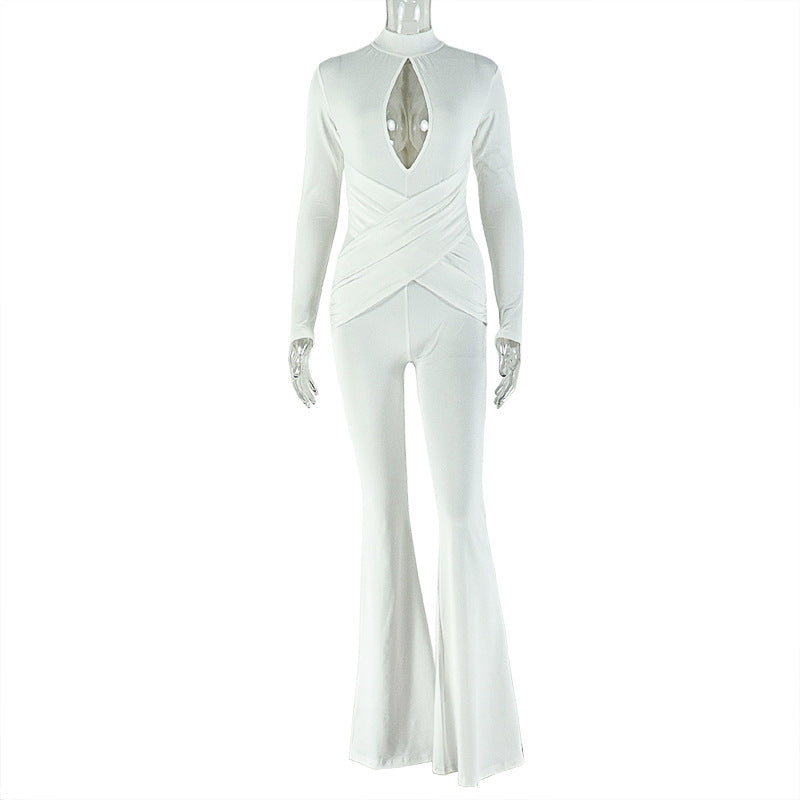 European and american style cross-border sexy slim-fit women's hollow-out solid color flare jumpsuit streetwear long sleeve romper trendy