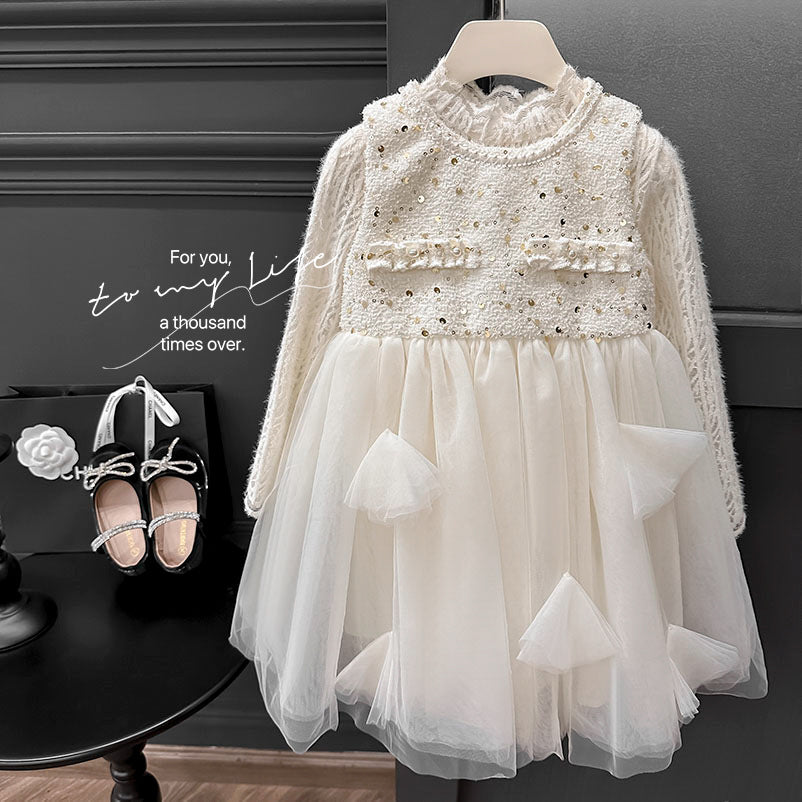 Girls' dress -  autumn new arrival: high-end starry sky sparkle princess dress with lace top, vest, and tutu skirt - trendy style
