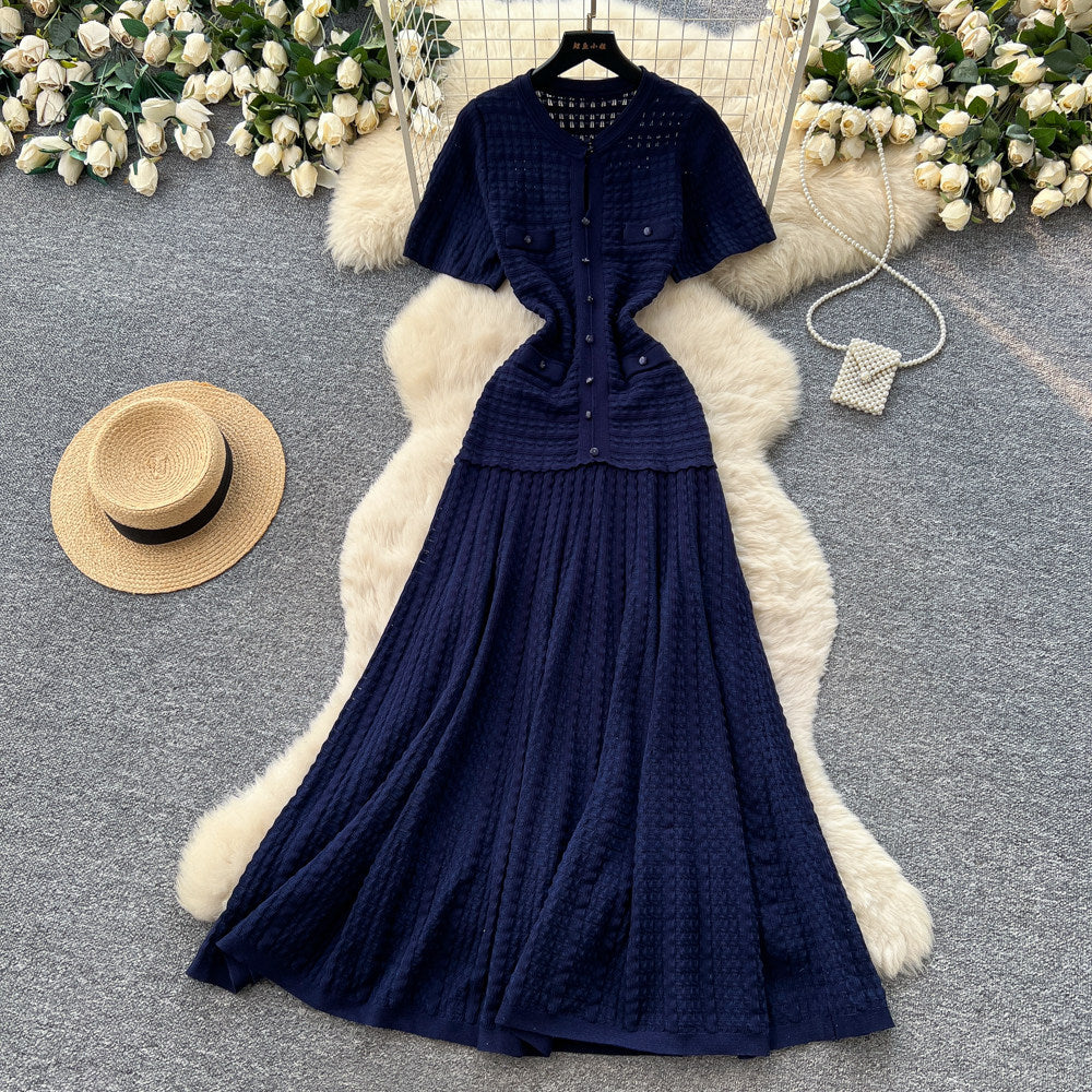 French style chic casual dress - women's short sleeve korean a-line dress - high waist slimming work-ready elegant dress