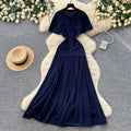 French style chic casual dress - women's short sleeve korean a-line dress - high waist slimming work-ready elegant dress