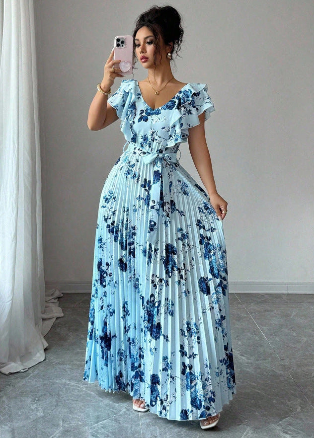 european and american new light blue floral maxi dress - v-neck, ruffle flutter sleeves, cinched waist, tie-waist, long floral print dress