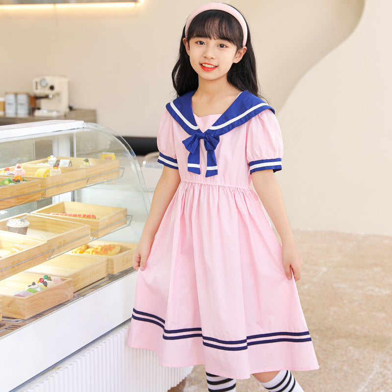 Girls' summer dresses  new styles: trendy and chic preppy princess dresses for mid-to-large children, nautical style skirts