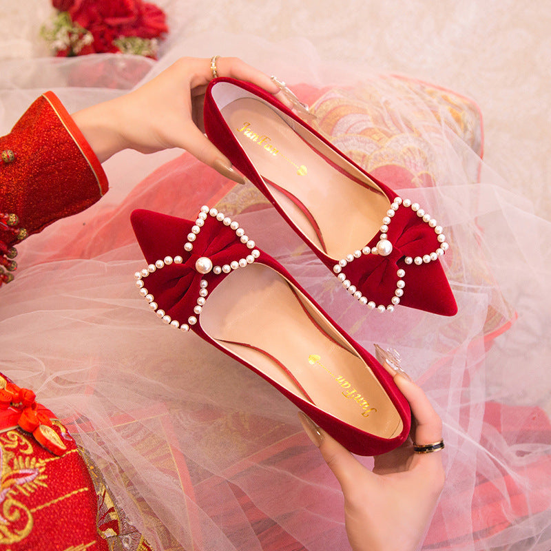 Chinese xiuhe wedding shoes for women 2024 new arrival wedding dress shoes pearl heel bows not tired feet red engagement