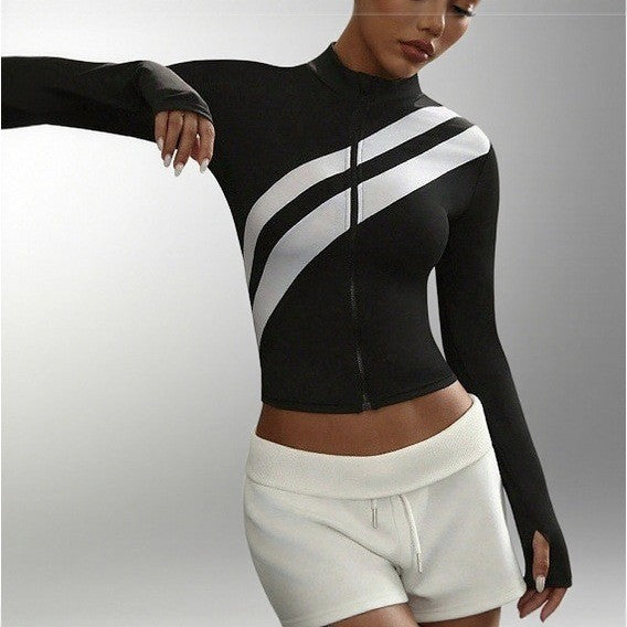 Pre-sale black and white contrasting color stand-up collar full zipper sports jacket women's oblique striped short waist thumb hole long-sleeved top