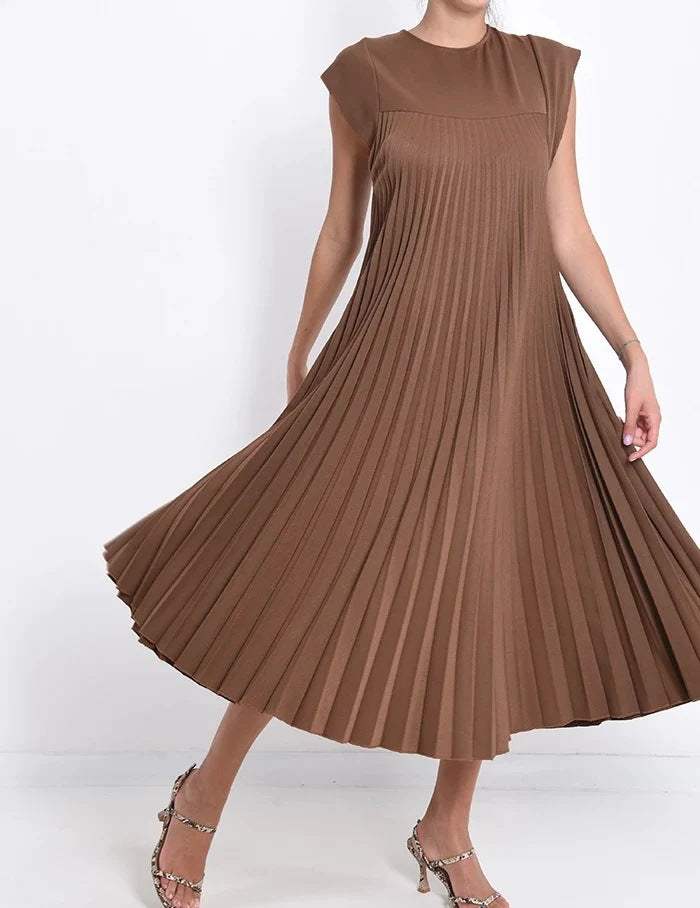 Amazon women's  european and american style spring new arrival solid color elegant fashion round neck short sleeve pleated loose dress