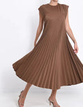 Amazon women's  european and american style spring new arrival solid color elegant fashion round neck short sleeve pleated loose dress