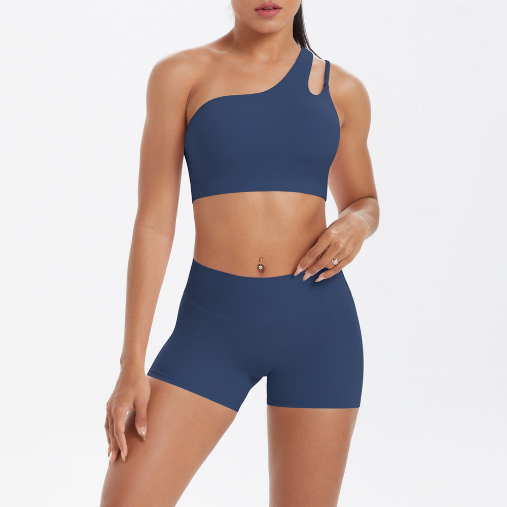 New arrival cross-border fashion double-sided nylon brushed single-shoulder yoga suit sports running fitness two-piece set for women
