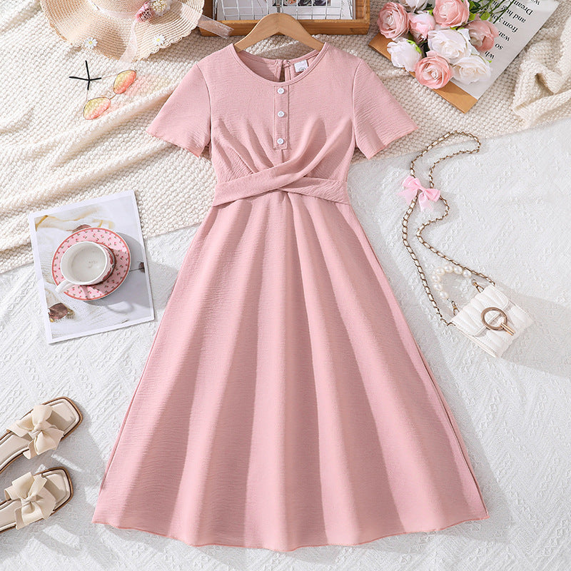 hot-selling girls' clothing,  spring/summer new arrivals: elegant and chic solid color, minimalist short-sleeved, cinched-waist, flared dress
