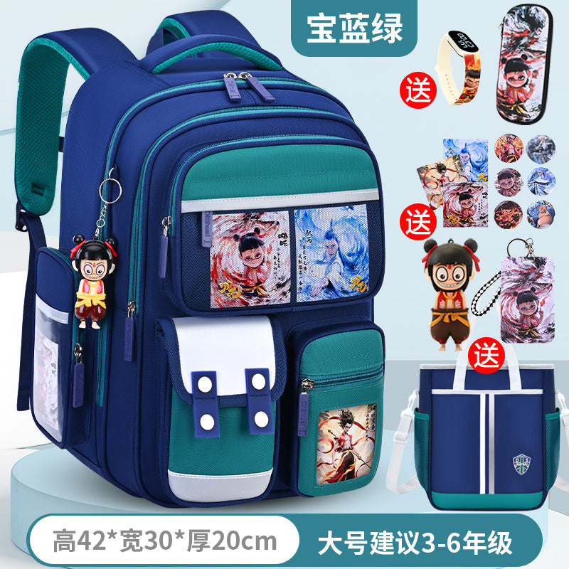 New nezha backpack for elementary school students, grades 1-6, lightweight, spine-protecting, load-reducing, large capacity for boys and girls