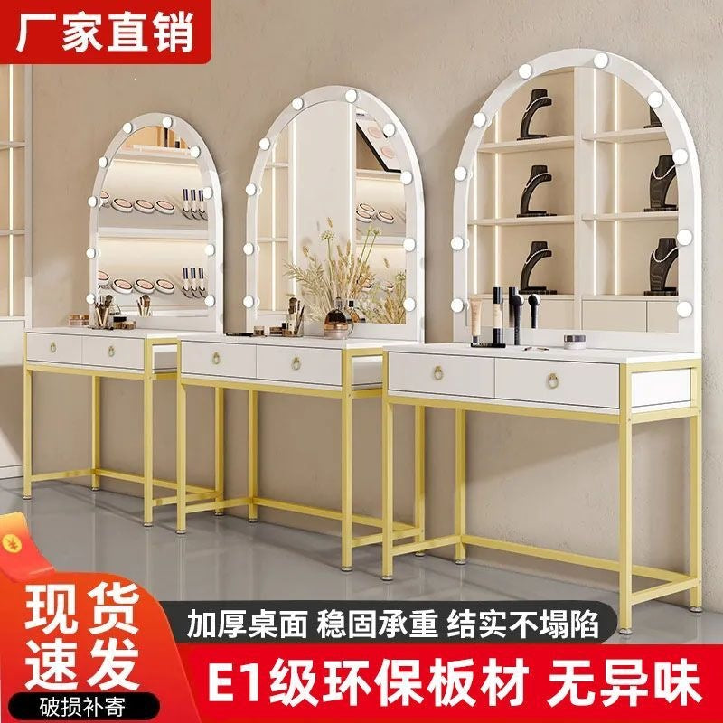 Vanity table with light, portable makeup desk for home use, small apartment vanity, modern minimalist makeup table, photo studio makeup table