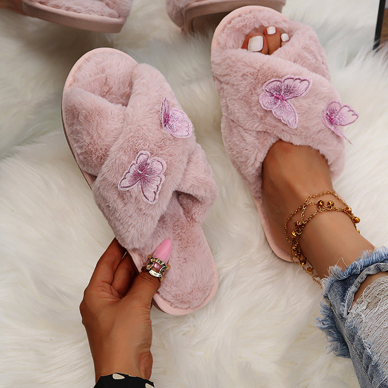 winternew arrival butterfly stuffed cotton slippers home indoor and outdoor heattech cross cotton slippers furry slippers