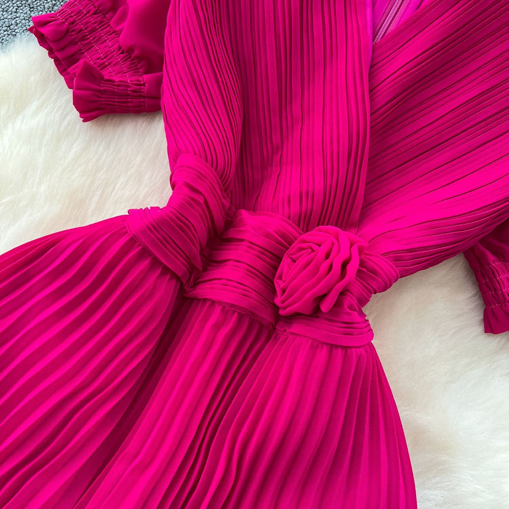 Frenchclassyelegantv neck puff sleeves stereo flower waist pleated dress female summer slimming lookelegant long skirt